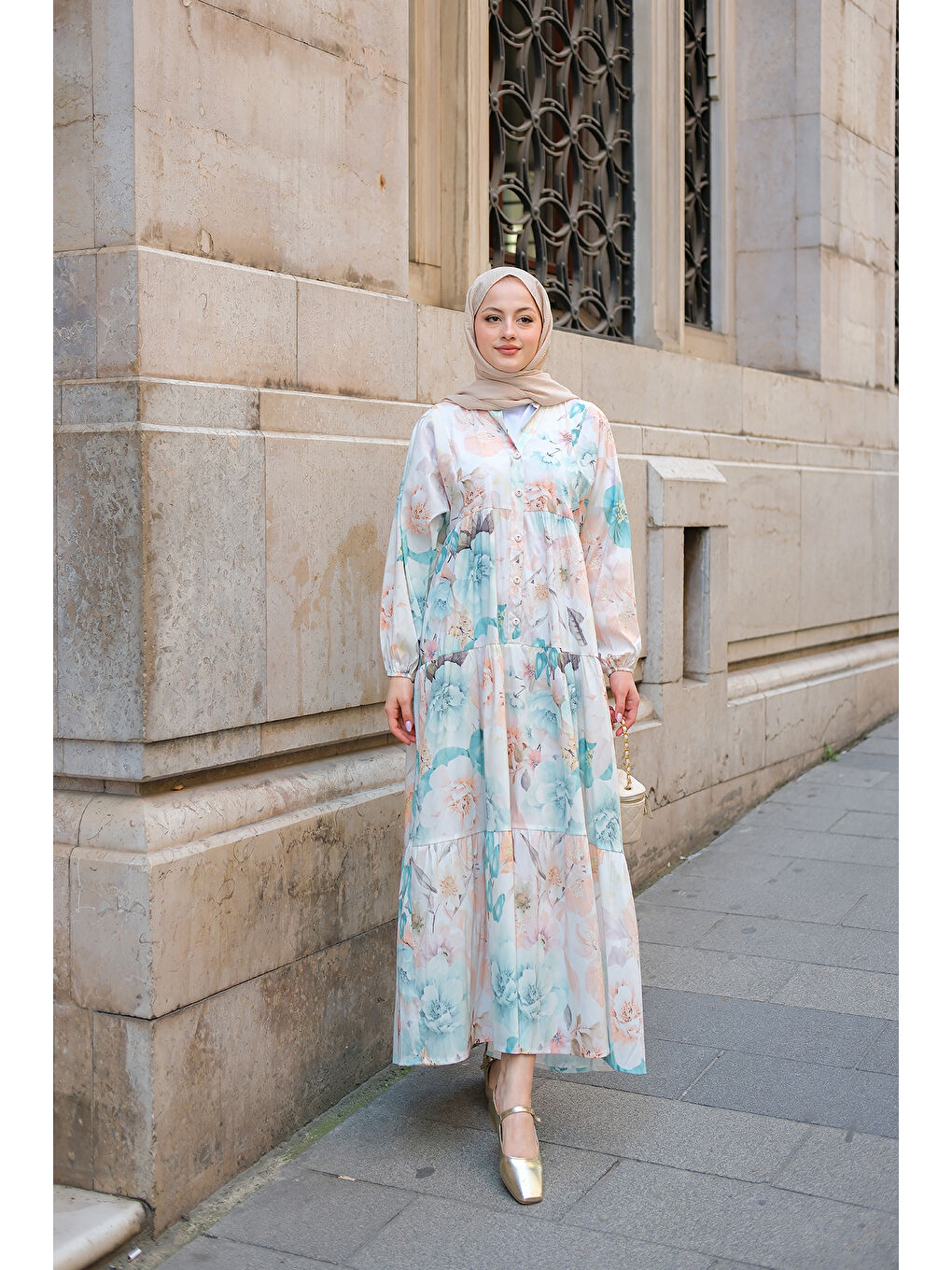 Kadın Pastel Gül Desenli Elbise Mavi-3