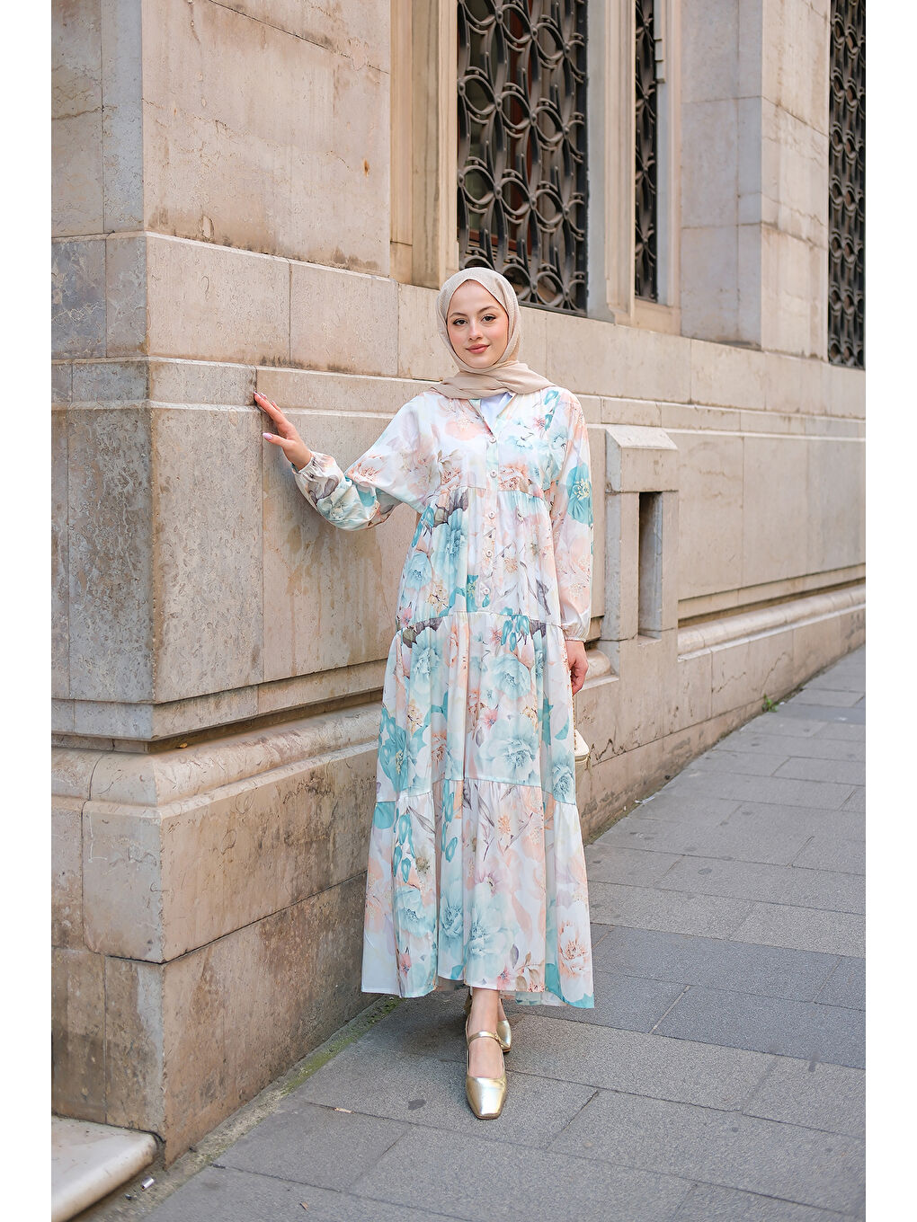 Kadın Pastel Gül Desenli Elbise Mavi-4