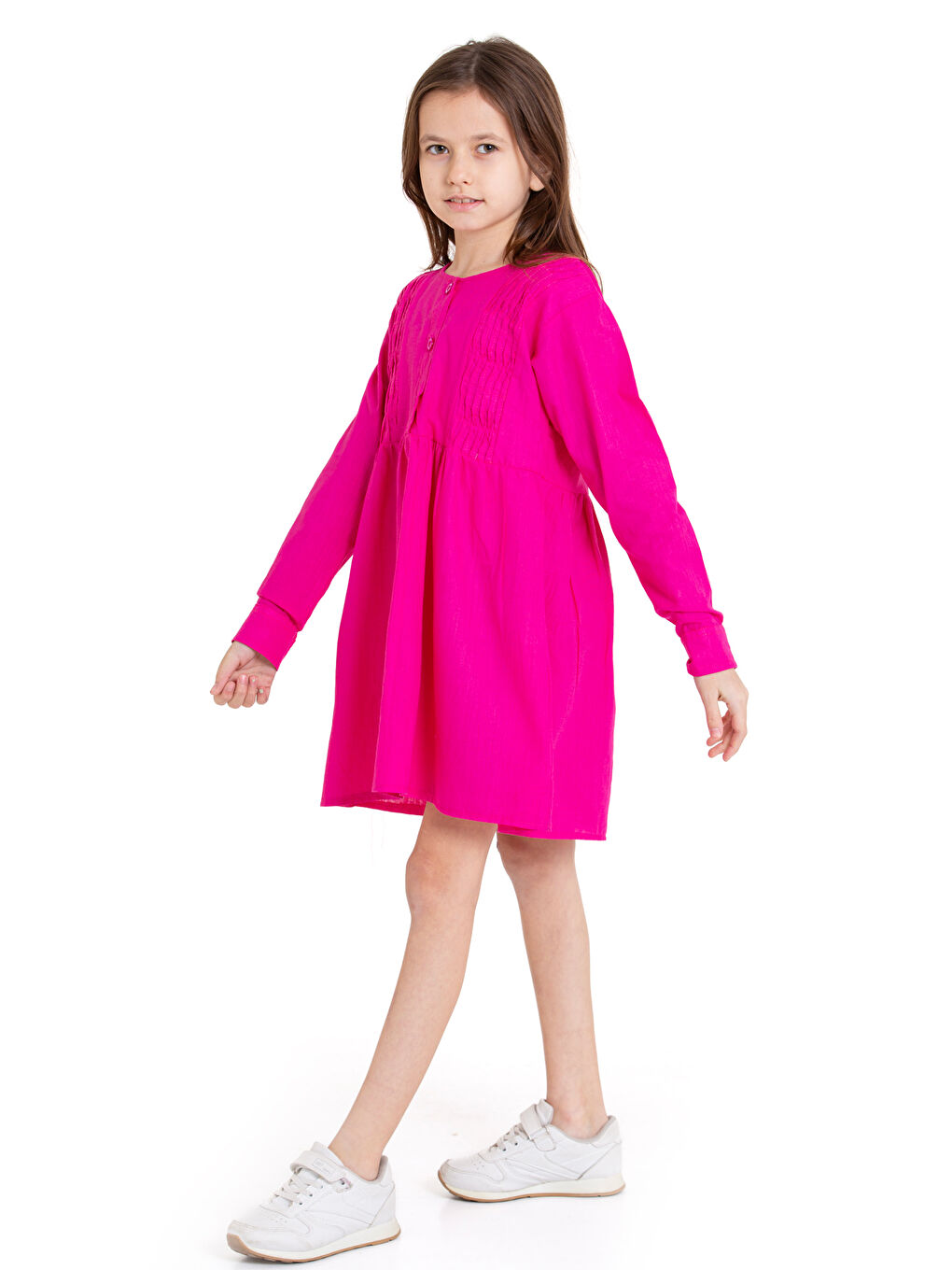 Fuşya Kız Çocuk Pile Fırfır Detaylı Elbise P1017-2