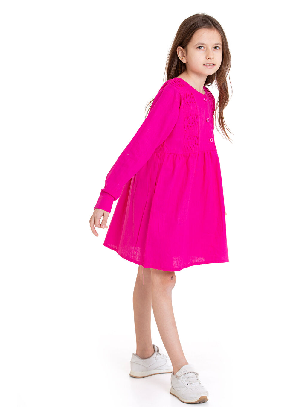 Fuşya Kız Çocuk Pile Fırfır Detaylı Elbise P1017-3