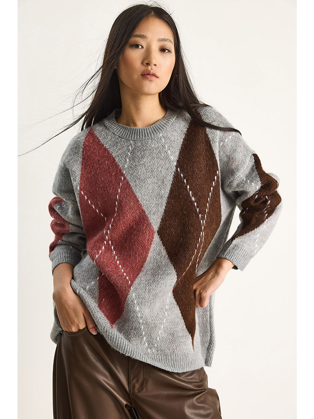 Gri Kadın Baklava Desenli Oversize Triko Kazak-1