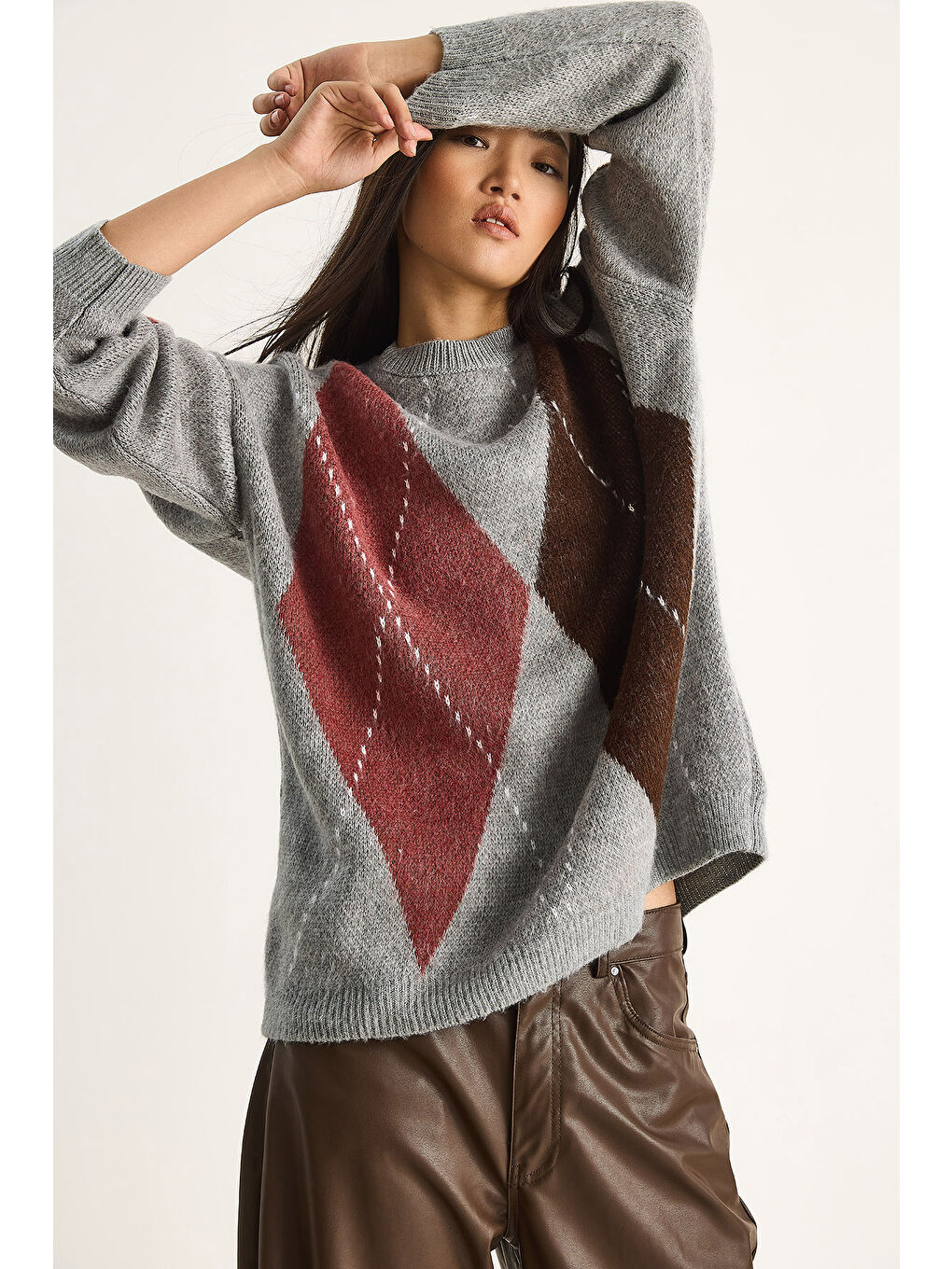 Gri Kadın Baklava Desenli Oversize Triko Kazak-3