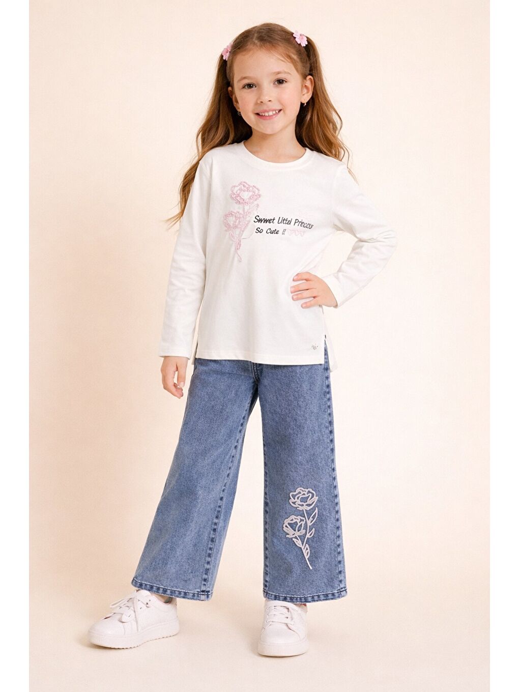 Ekru Gül Nakışlı Badili Jean Pantolonlu Kız Çocuk 2li Takım 23749-1