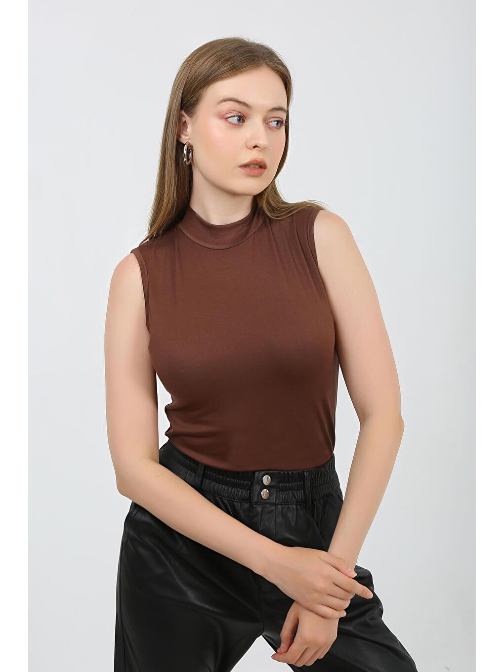 Kahverengi Kadın Kolsuz Body-3