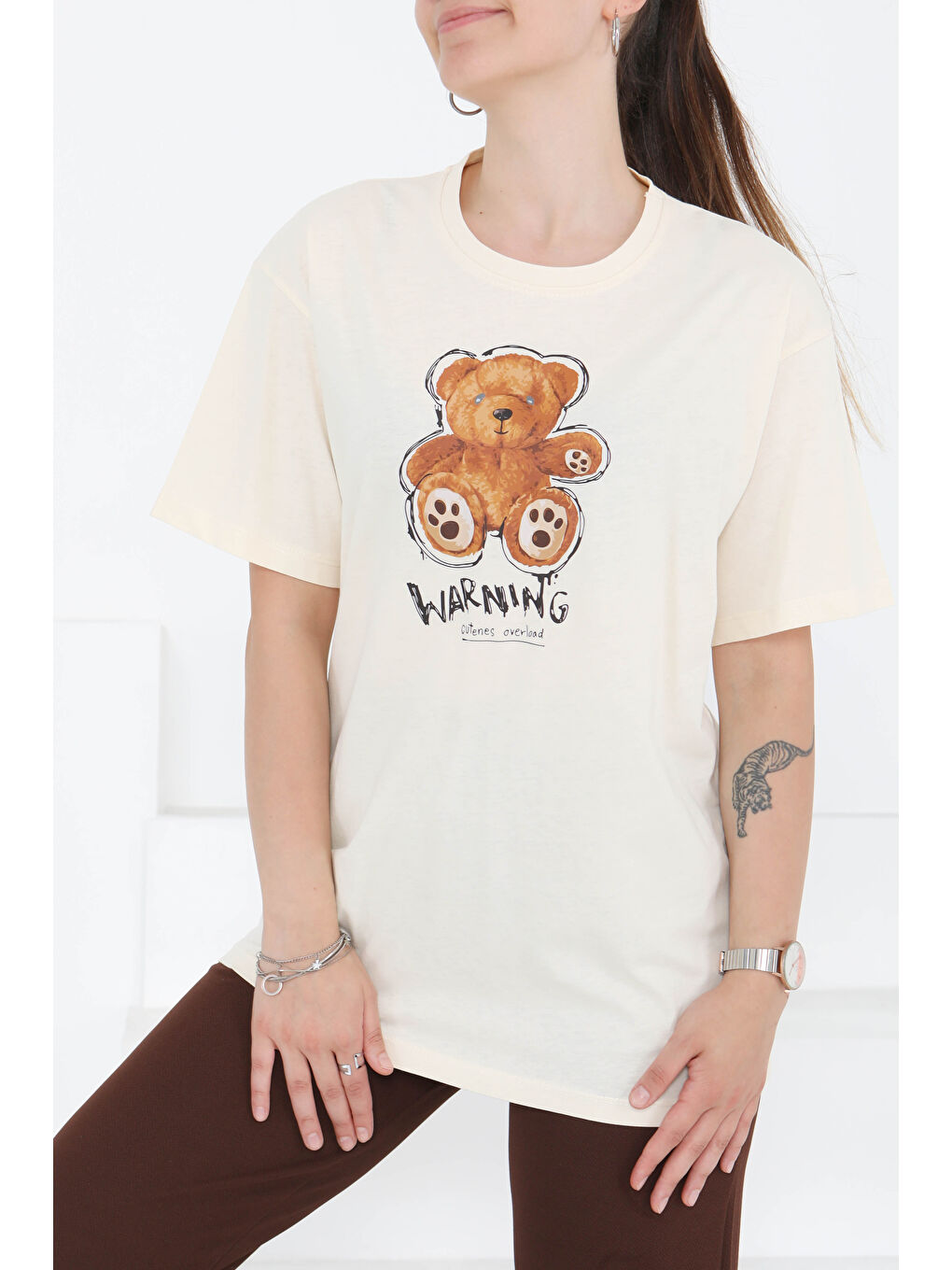 Ekru Baskılı Kısa Kollu T-Şhirt Krem - 27350-1