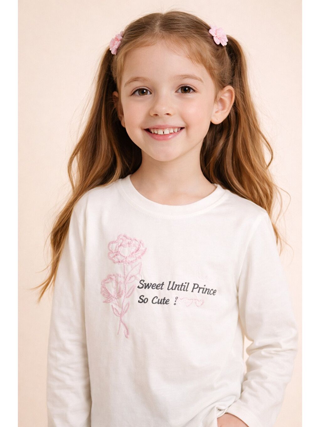 Ekru Gül Nakışlı Badili Jean Pantolonlu Kız Çocuk 2li Takım 23749-2