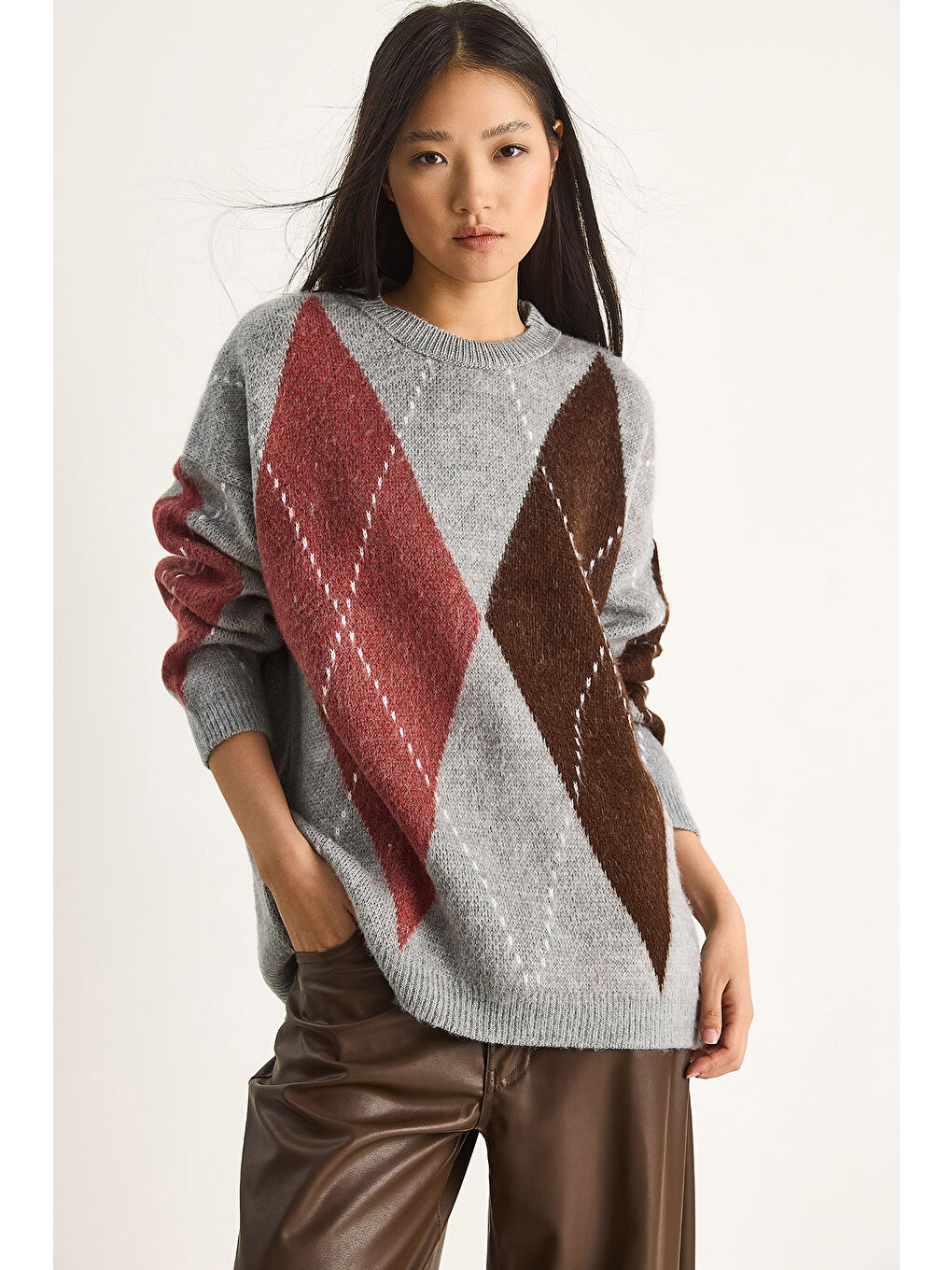 Gri Kadın Baklava Desenli Oversize Triko Kazak-4