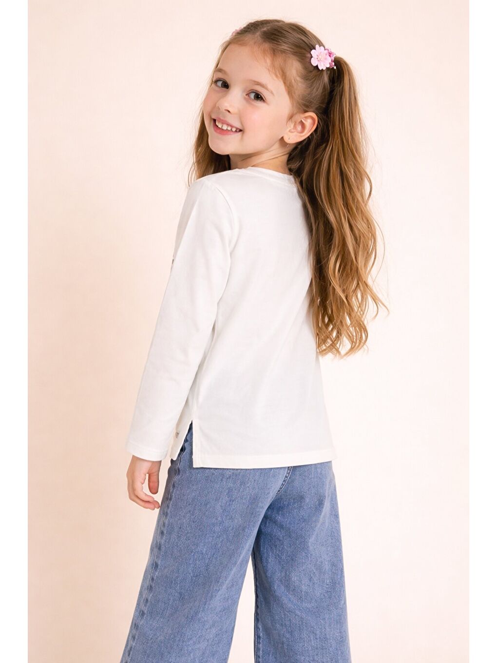 Ekru Gül Nakışlı Badili Jean Pantolonlu Kız Çocuk 2li Takım 23749-3