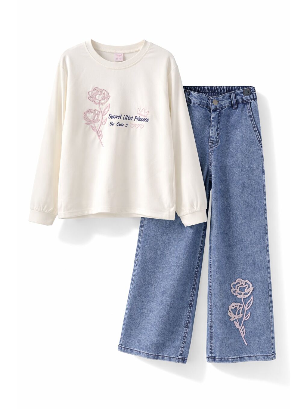 Ekru Gül Nakışlı Badili Jean Pantolonlu Kız Çocuk 2li Takım 23749-4