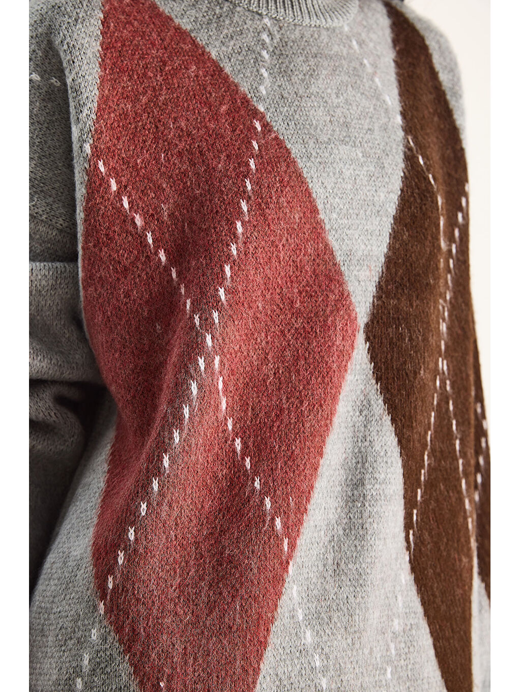 Gri Kadın Baklava Desenli Oversize Triko Kazak-5