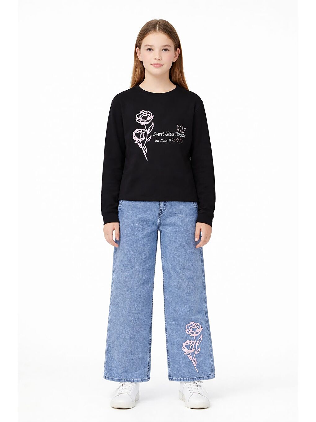 Siyah Gül Nakışlı Badili Jean Pantolonlu Kız Çocuk 2li Takım 23748