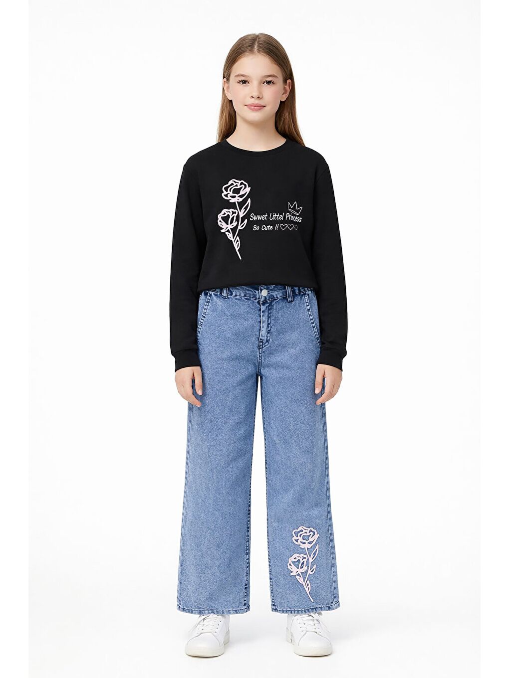 Siyah Gül Nakışlı Badili Jean Pantolonlu Kız Çocuk 2li Takım 23748-1