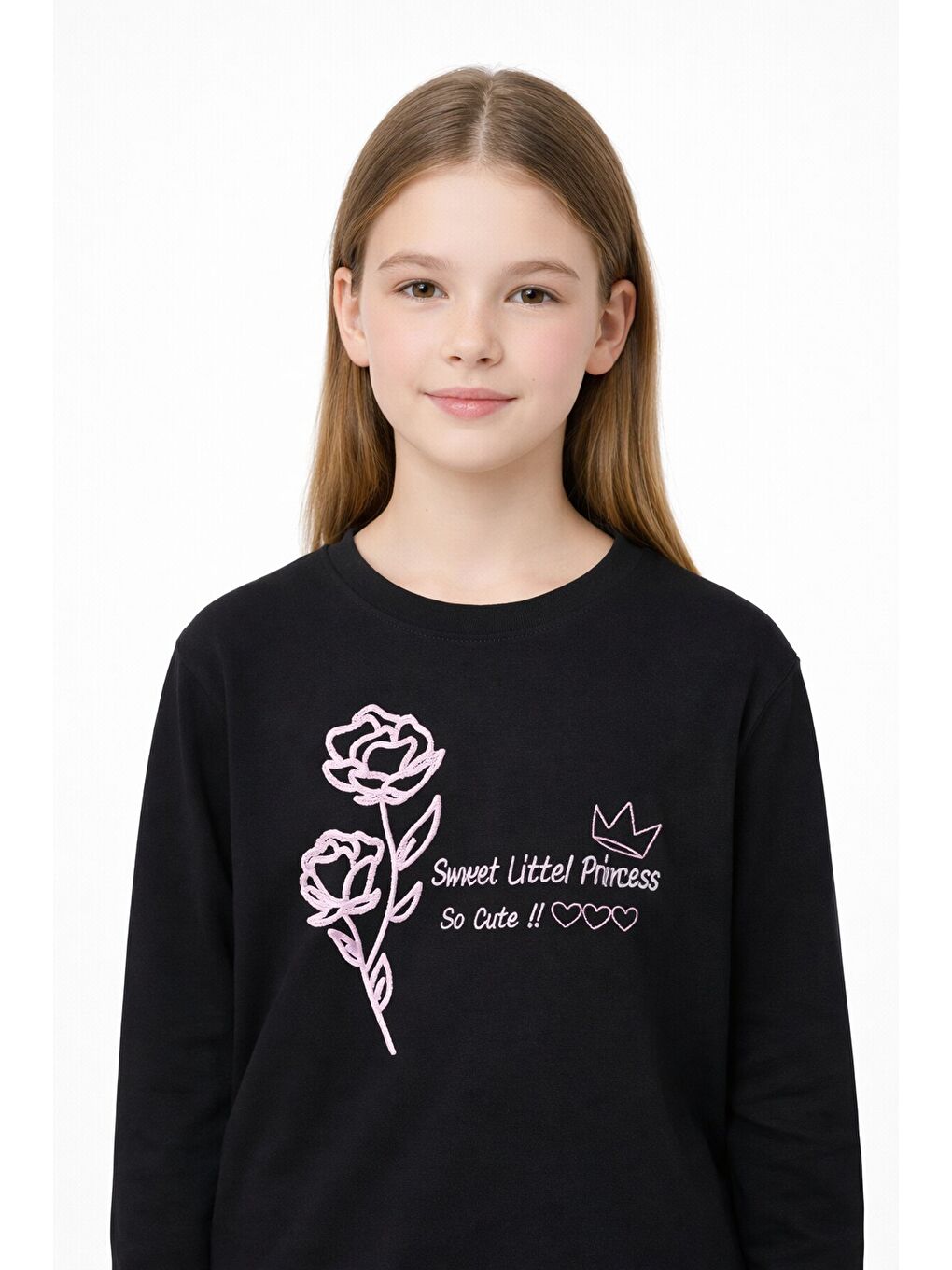 Siyah Gül Nakışlı Badili Jean Pantolonlu Kız Çocuk 2li Takım 23748-2