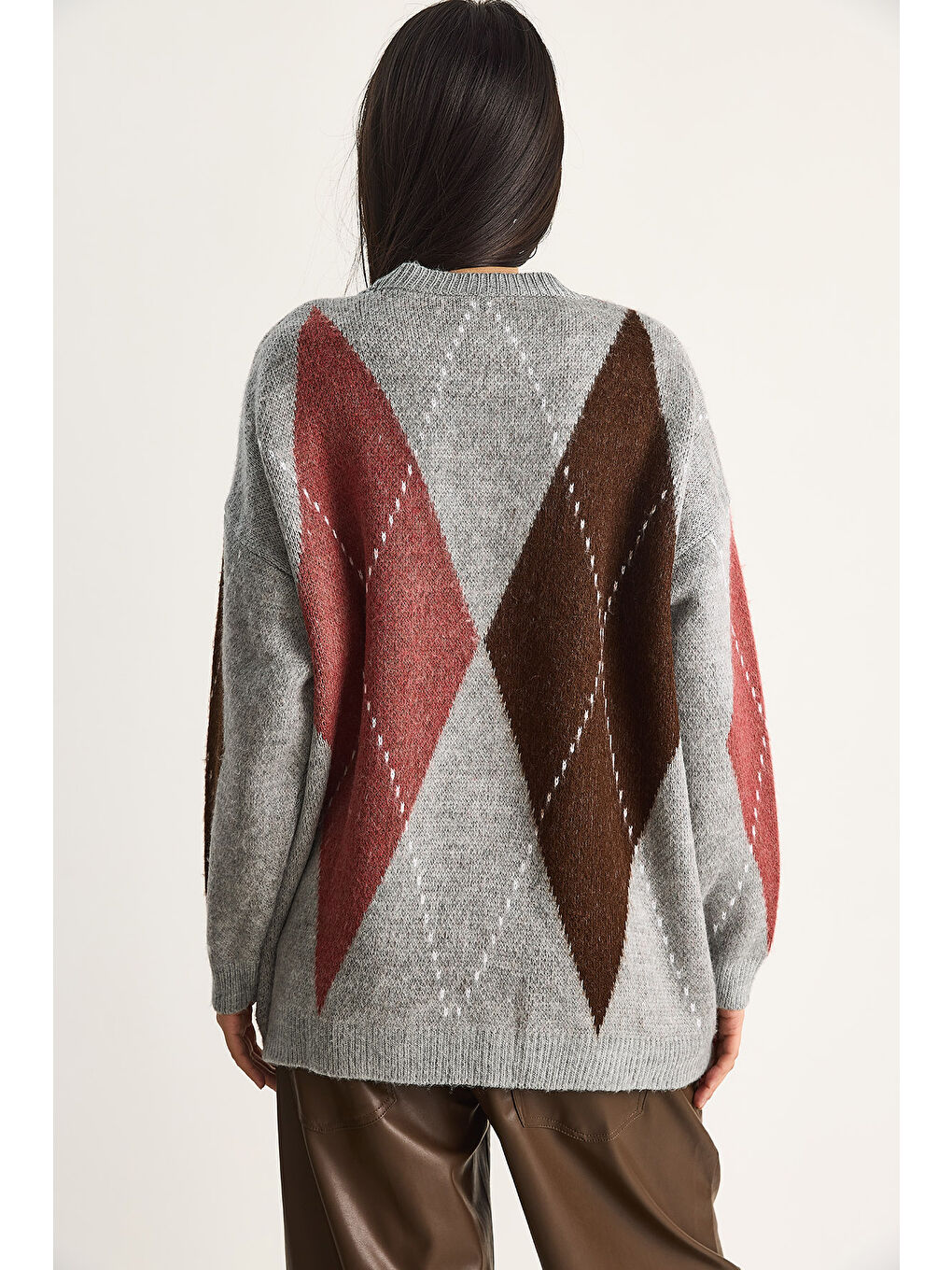 Gri Kadın Baklava Desenli Oversize Triko Kazak-6