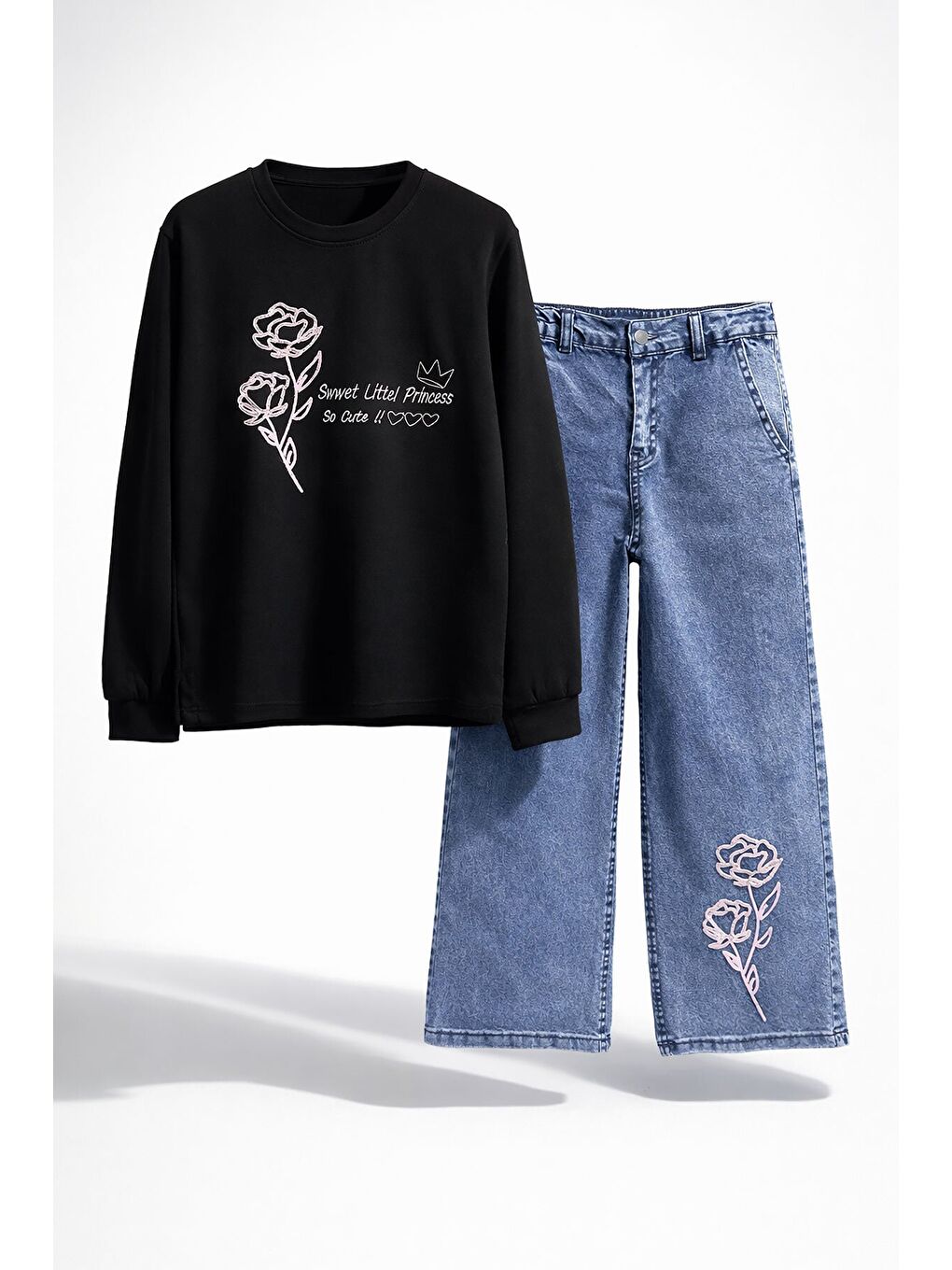 Siyah Gül Nakışlı Badili Jean Pantolonlu Kız Çocuk 2li Takım 23748-4