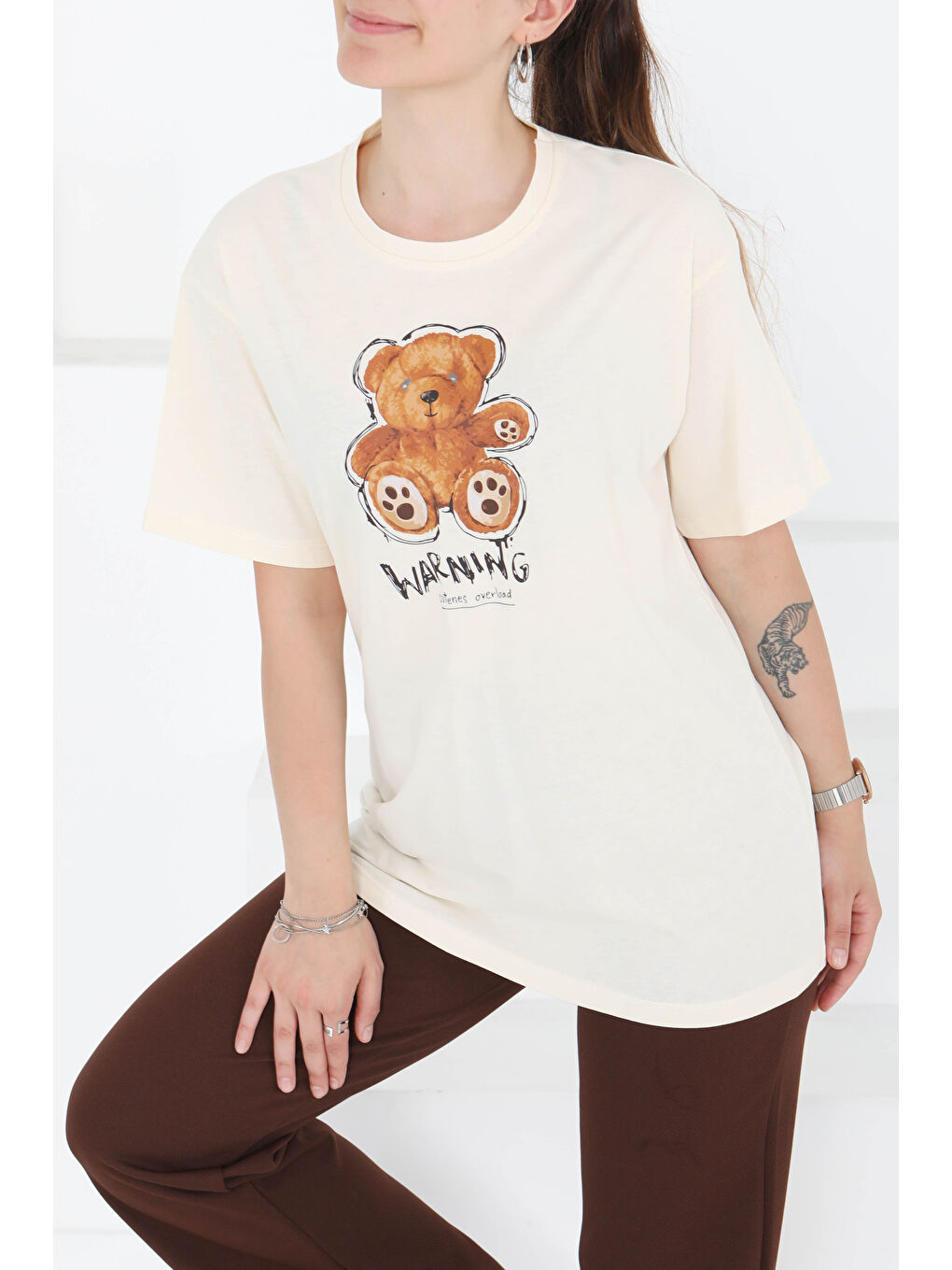 Ekru Baskılı Kısa Kollu T-Şhirt Krem - 27350-2