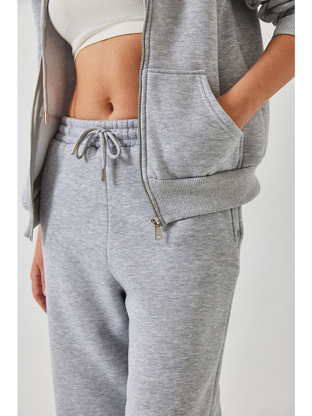 Gri Kadın Kanguru Cepli Kapüşonlu Hırka Alt  Üst Takım MBHS-2