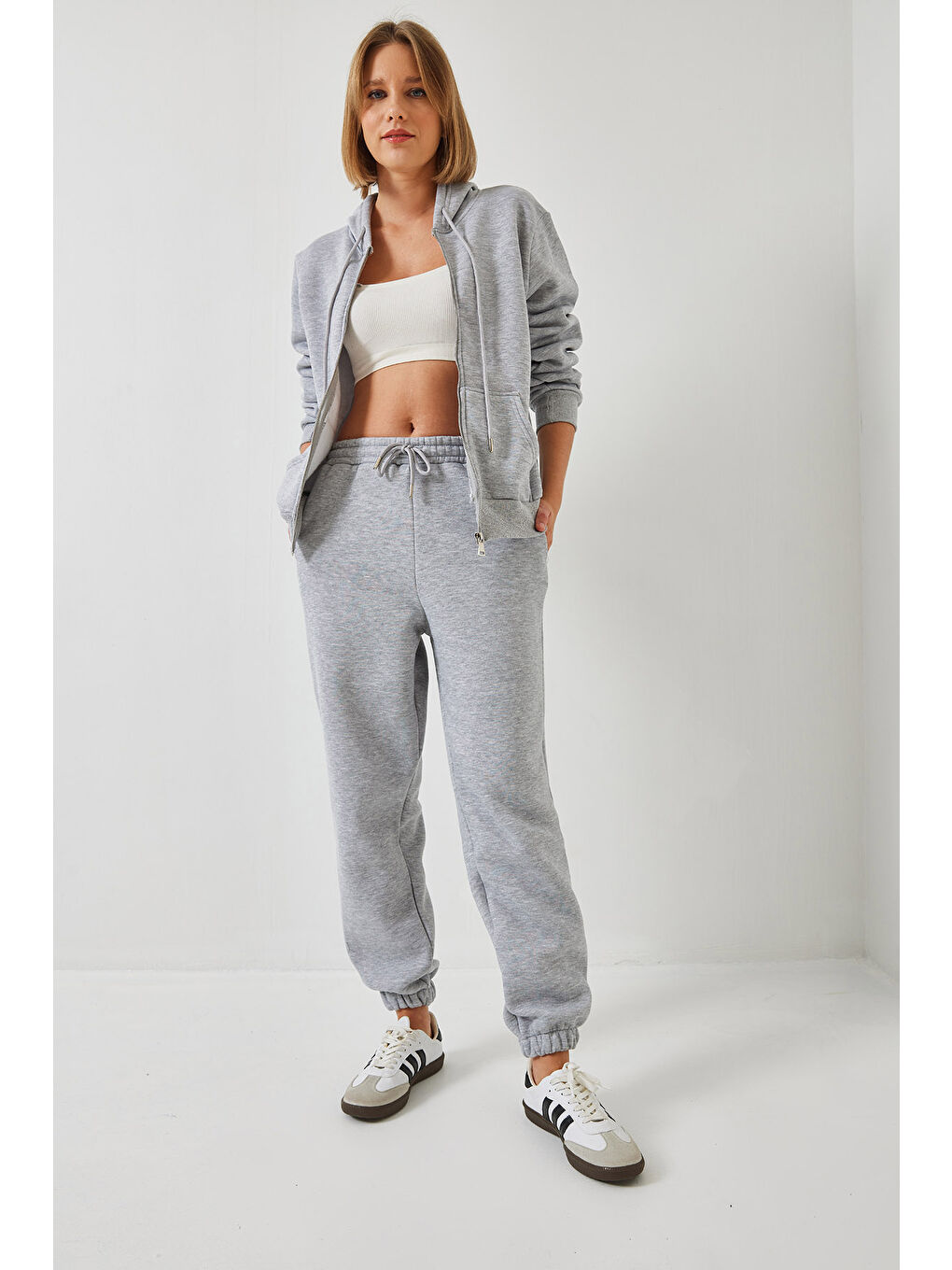 Gri Kadın Kanguru Cepli Kapüşonlu Hırka Alt  Üst Takım MBHS-4