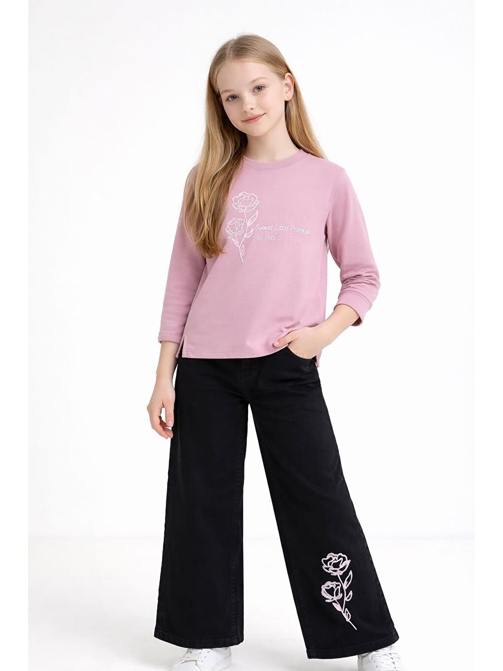 Pembe Gül Nakışlı Badili Jean Pantolonlu Kız Çocuk 2li Takım 23750-1