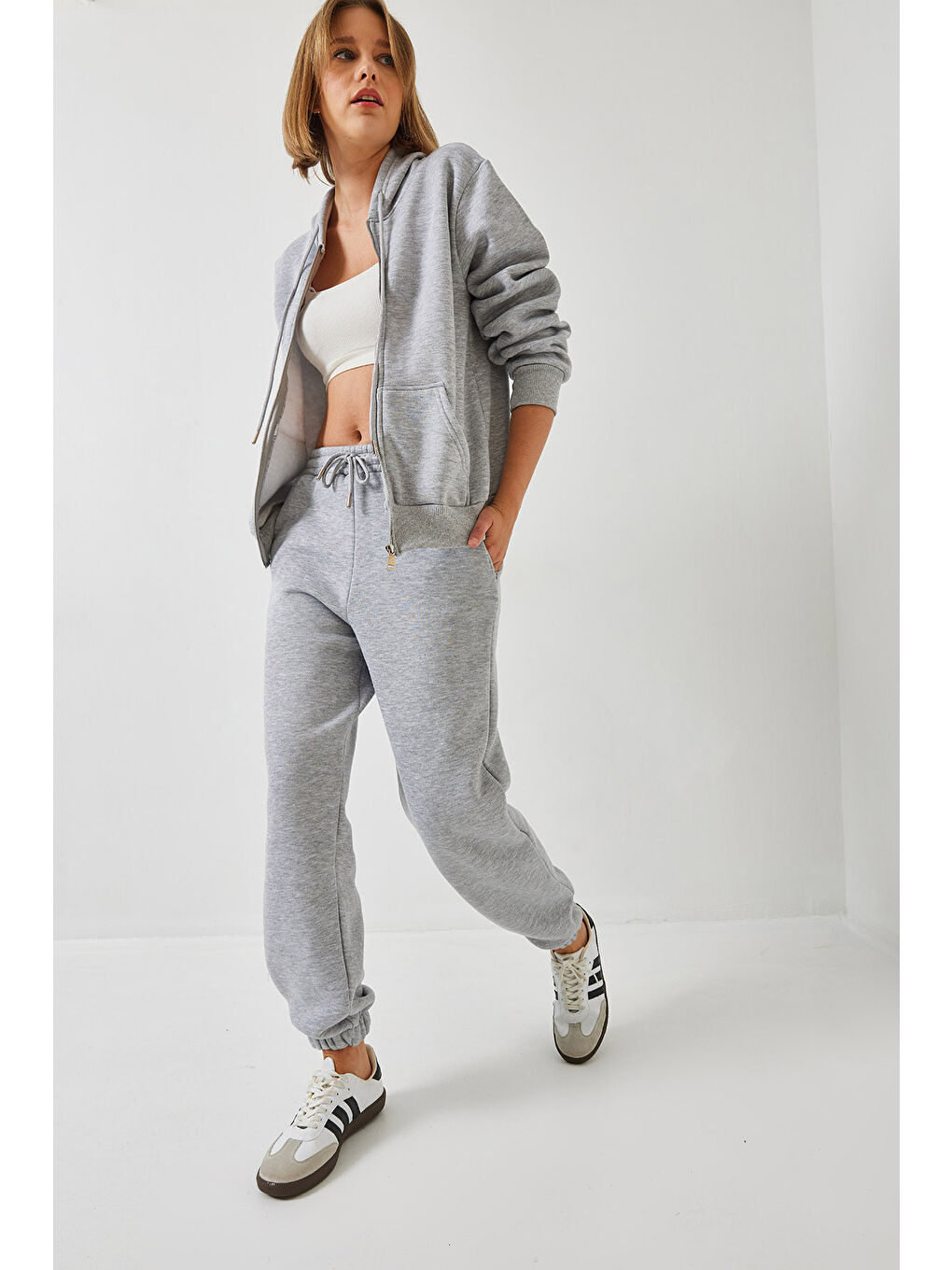 Gri Kadın Kanguru Cepli Kapüşonlu Hırka Alt  Üst Takım MBHS-5
