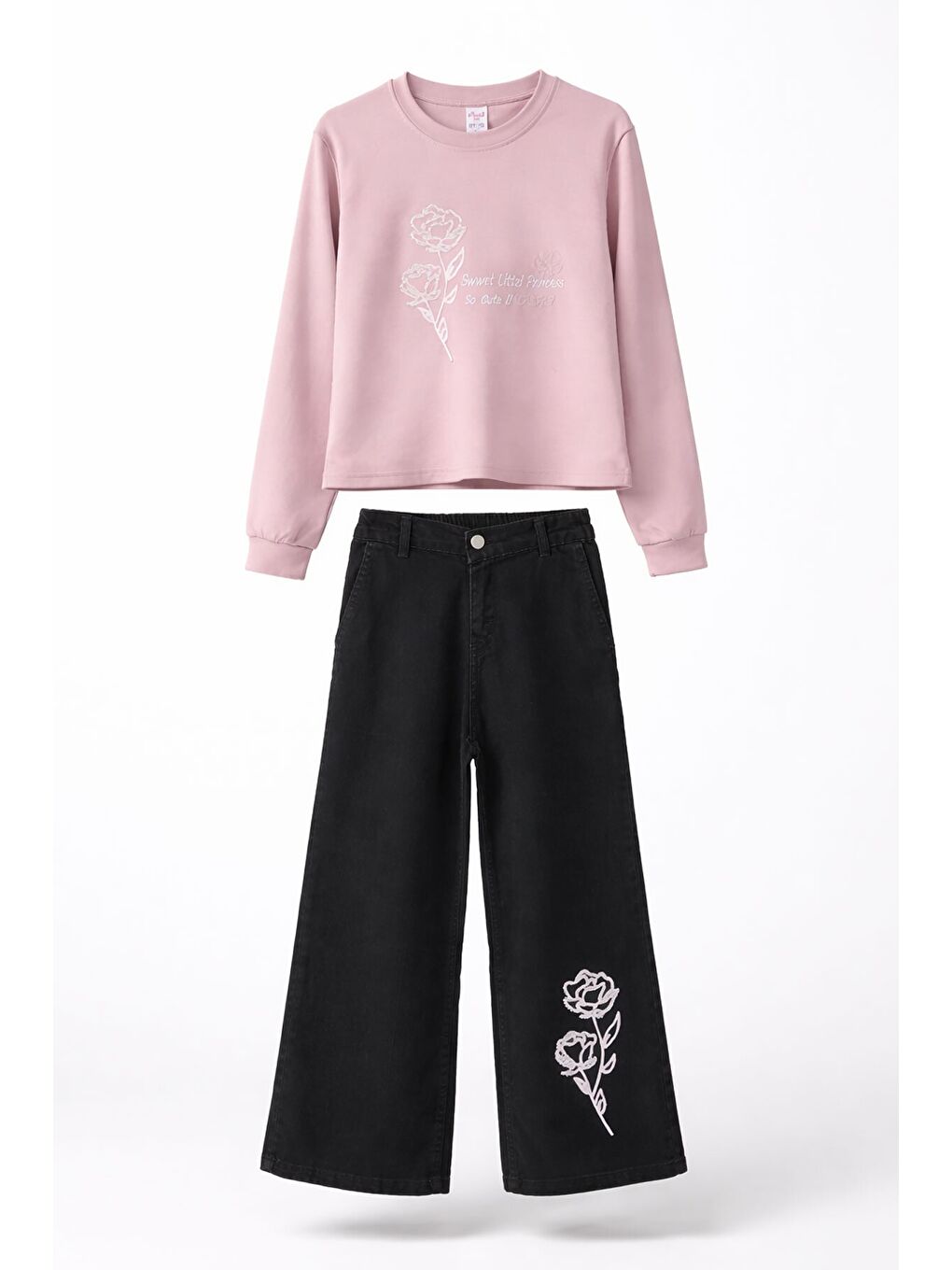 Pembe Gül Nakışlı Badili Jean Pantolonlu Kız Çocuk 2li Takım 23750-4