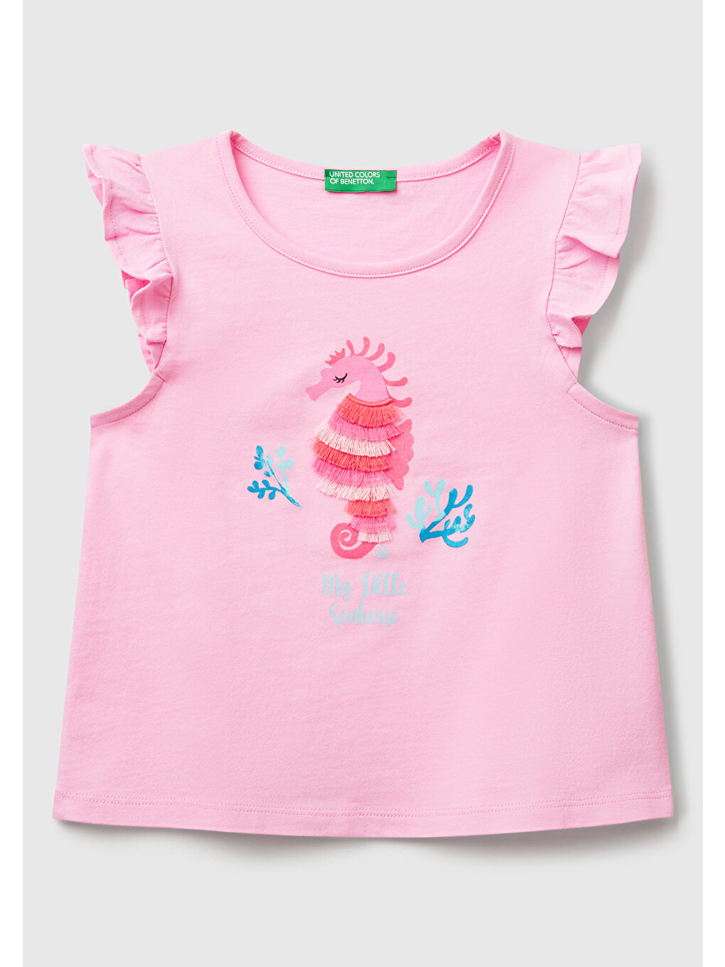 Kız Çocuk Pembe Önü Baskılı Pile Kollu T-shirt