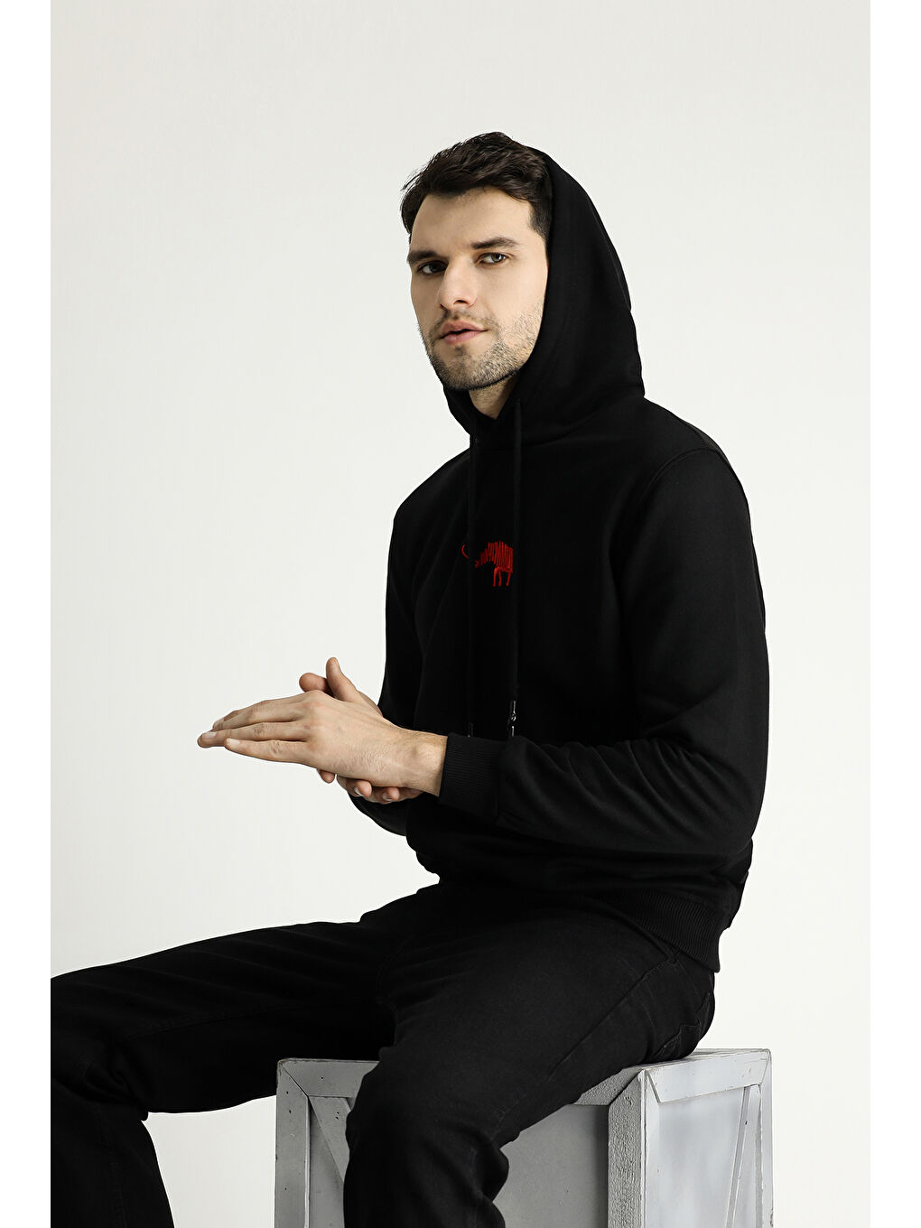Siyah Kapüşonlu Nakışlı Pamuklu Sweatshirt-2