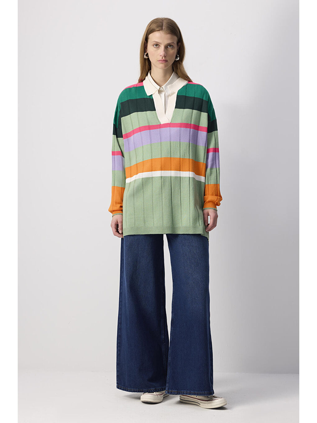 Beyaz Çizgili Oversıze Triko Tunik