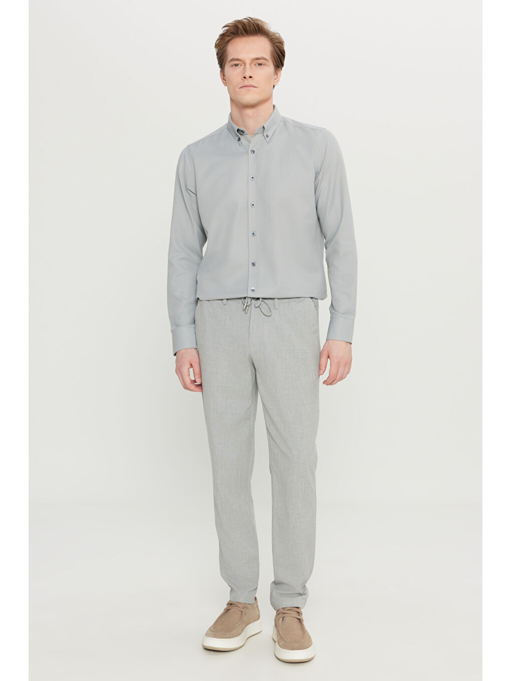 Erkek Gri Slim Fit Dar Kesim Beli Bağlamalı Yan Cepli Casual Jogger Pantolon-1