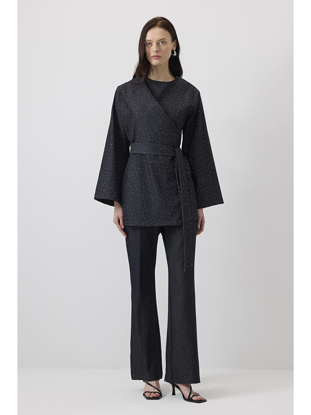 Siyah Taşlı Denim Ceket Pantolon Takım