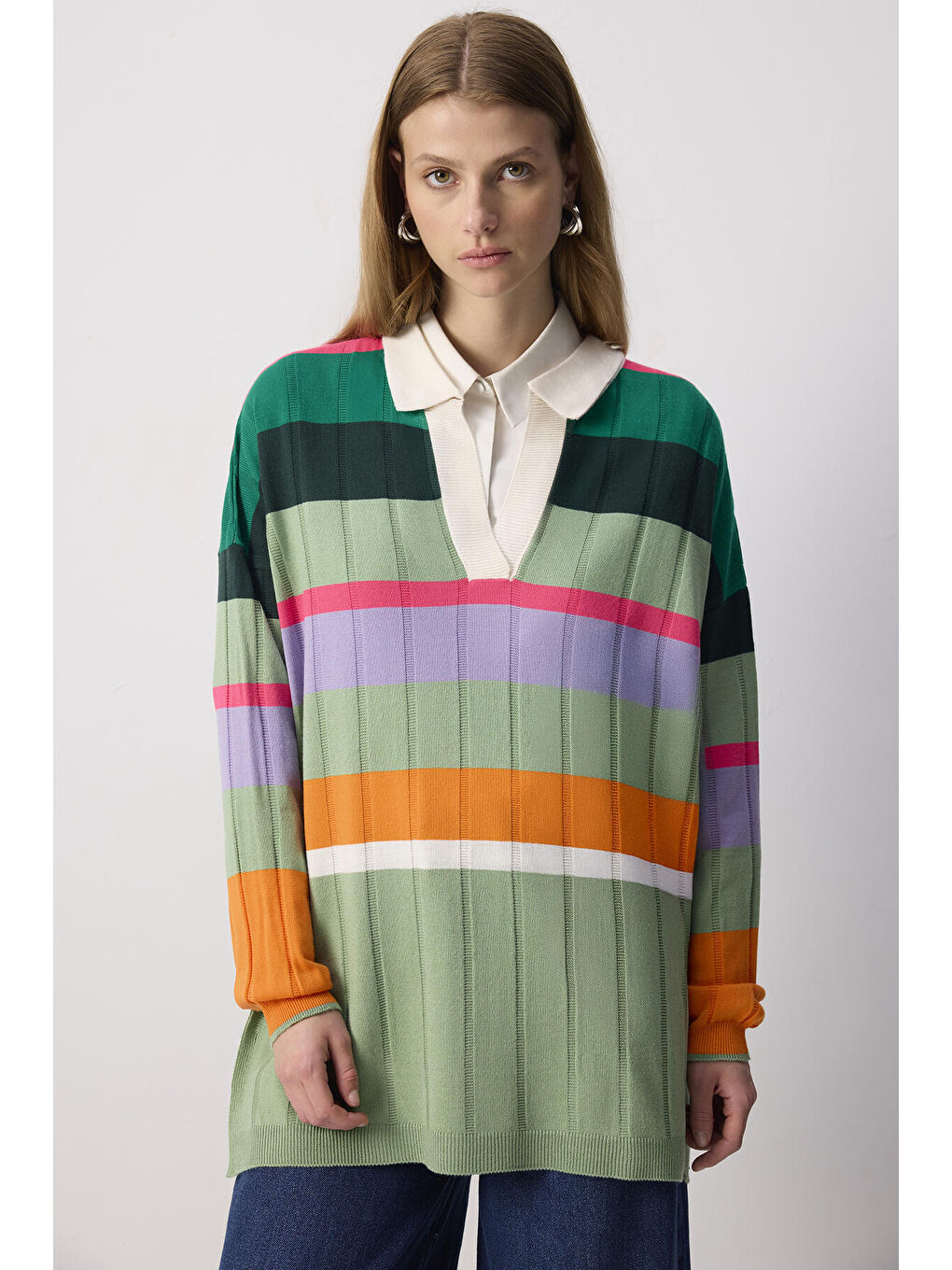 Beyaz Çizgili Oversıze Triko Tunik-1