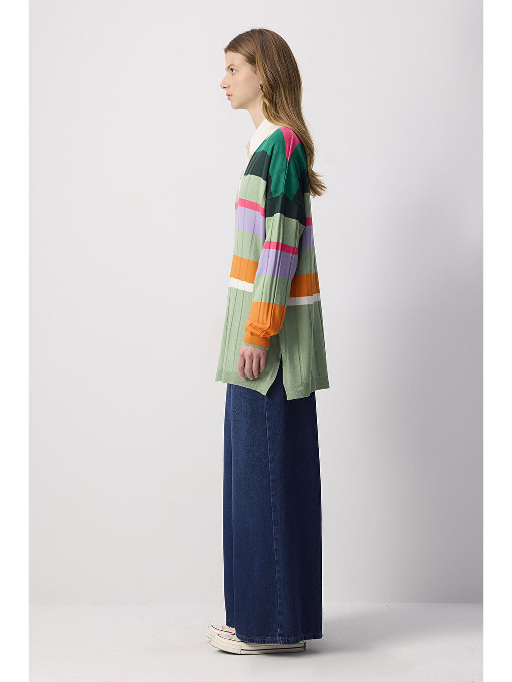 Beyaz Çizgili Oversıze Triko Tunik-2