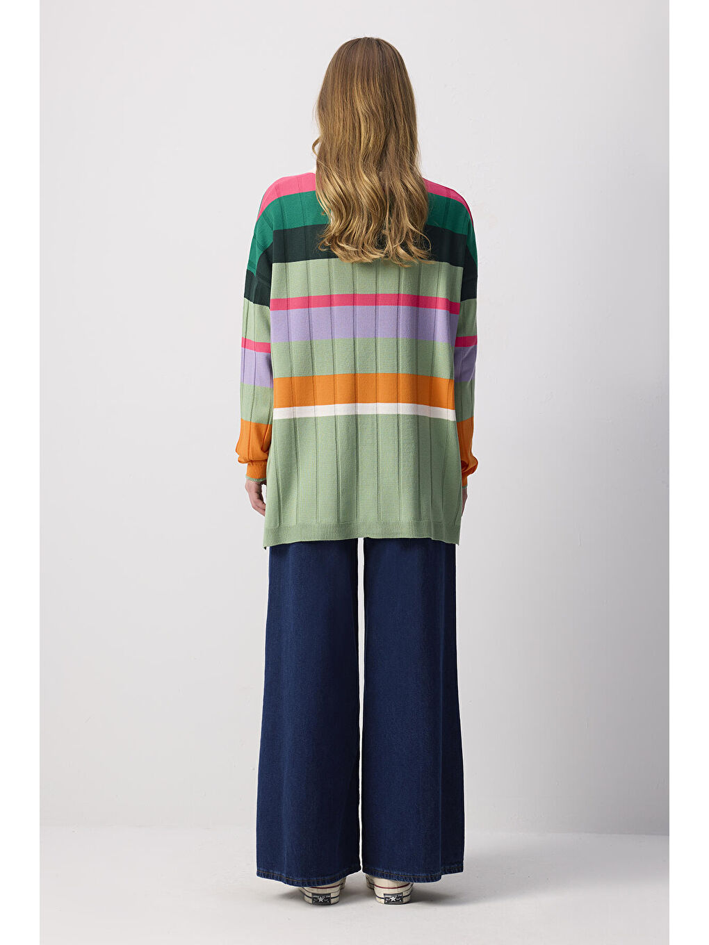 Beyaz Çizgili Oversıze Triko Tunik-3