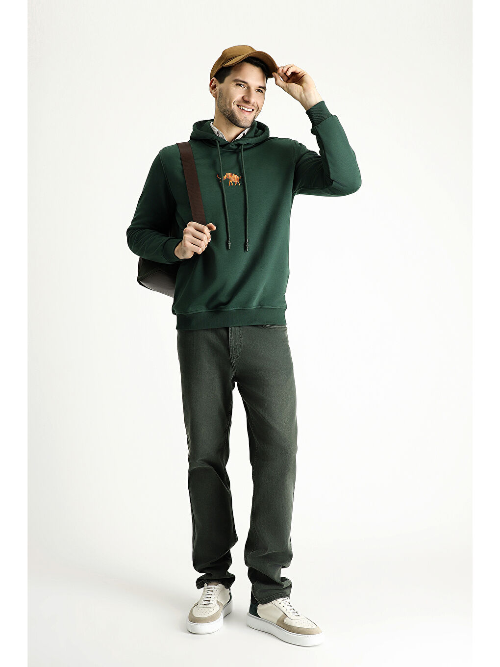 Yeşil Kapüşonlu Nakışlı Pamuklu Sweatshirt-1