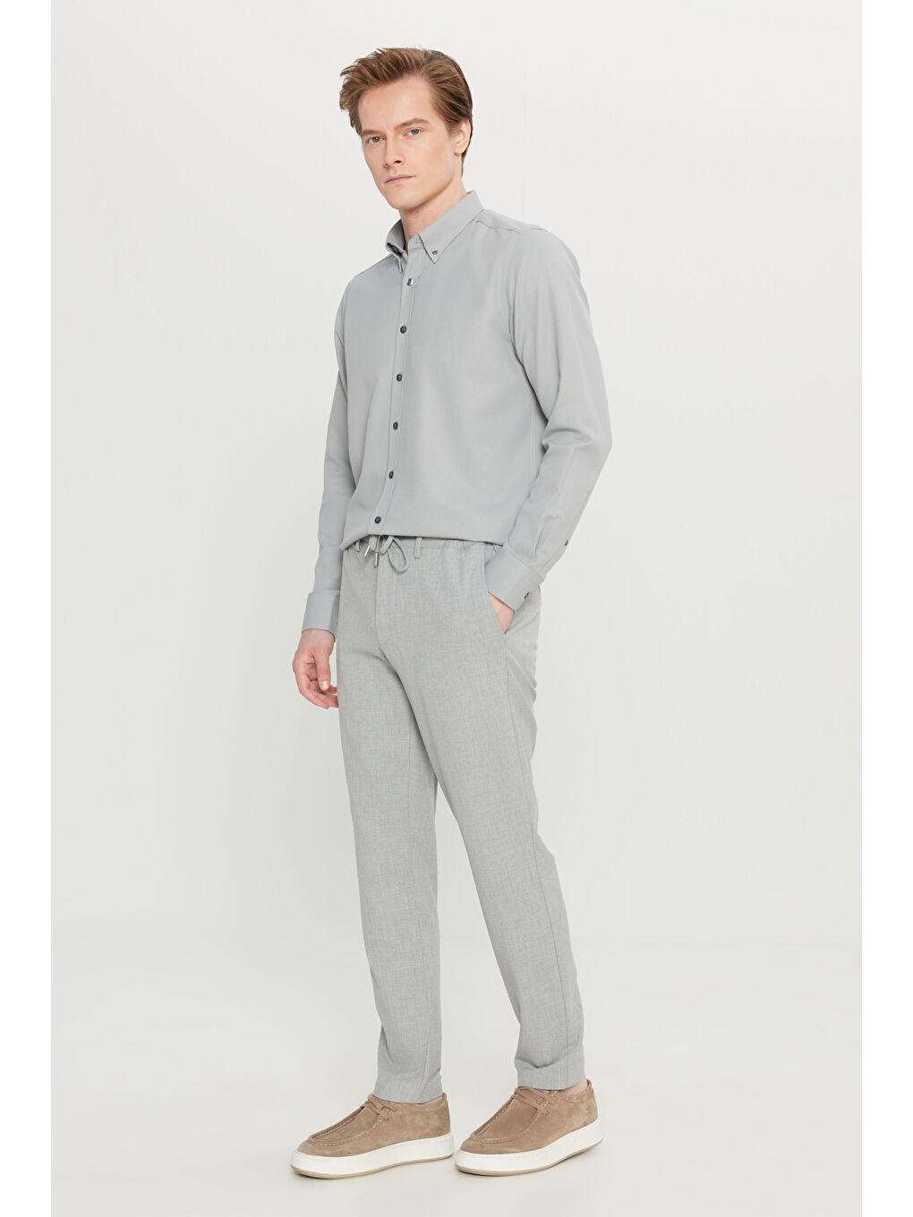 Erkek Gri Slim Fit Dar Kesim Beli Bağlamalı Yan Cepli Casual Jogger Pantolon-2