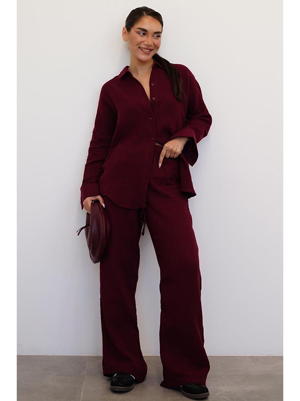 Bordo Basic Kadın Gömlek Pantolon Takım Mg2461