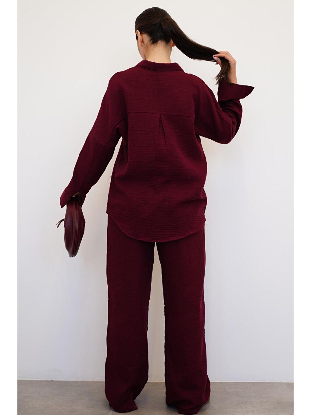 Bordo Basic Kadın Gömlek Pantolon Takım Mg2461-1