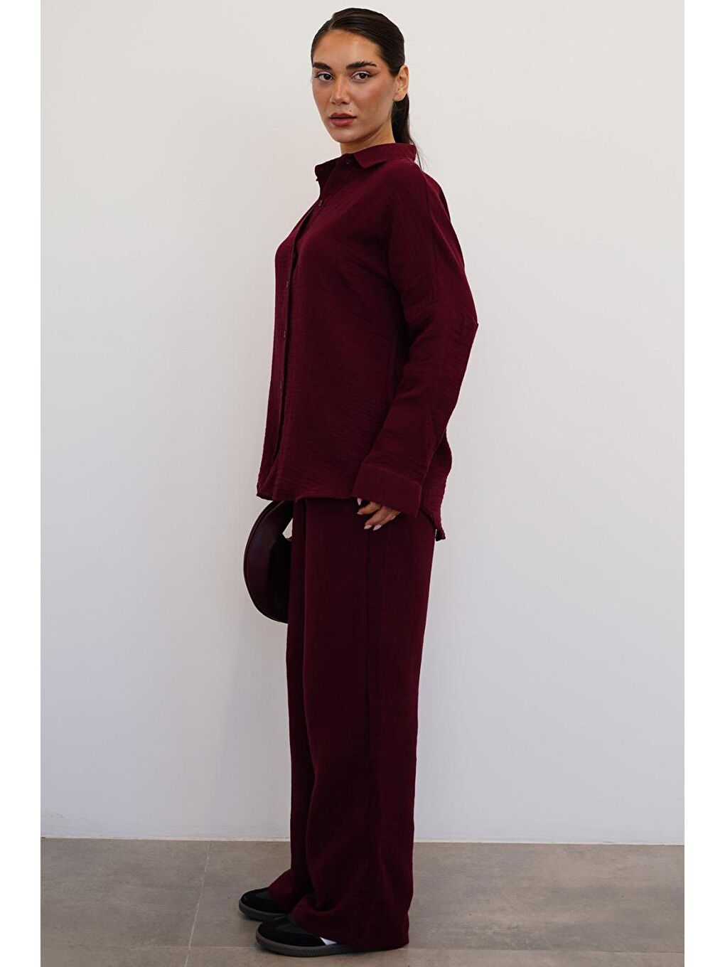 Bordo Basic Kadın Gömlek Pantolon Takım Mg2461-2