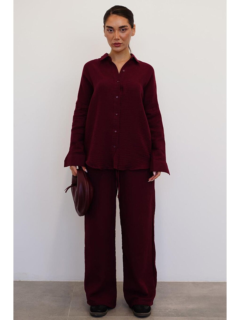 Bordo Basic Kadın Gömlek Pantolon Takım Mg2461-3