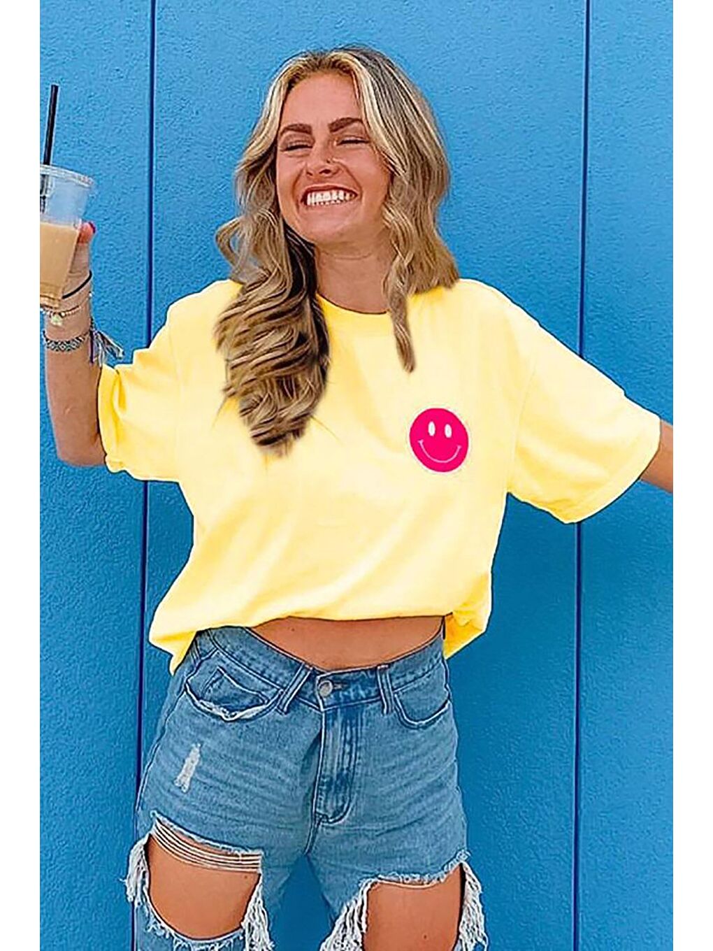 Sarı Arka Baskılı Oversize Yuvarlak Yaka Kadın Tişört-3