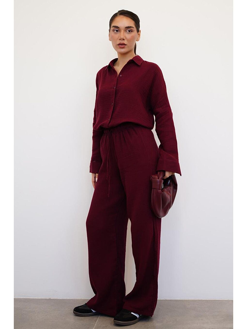 Bordo Basic Kadın Gömlek Pantolon Takım Mg2461-4
