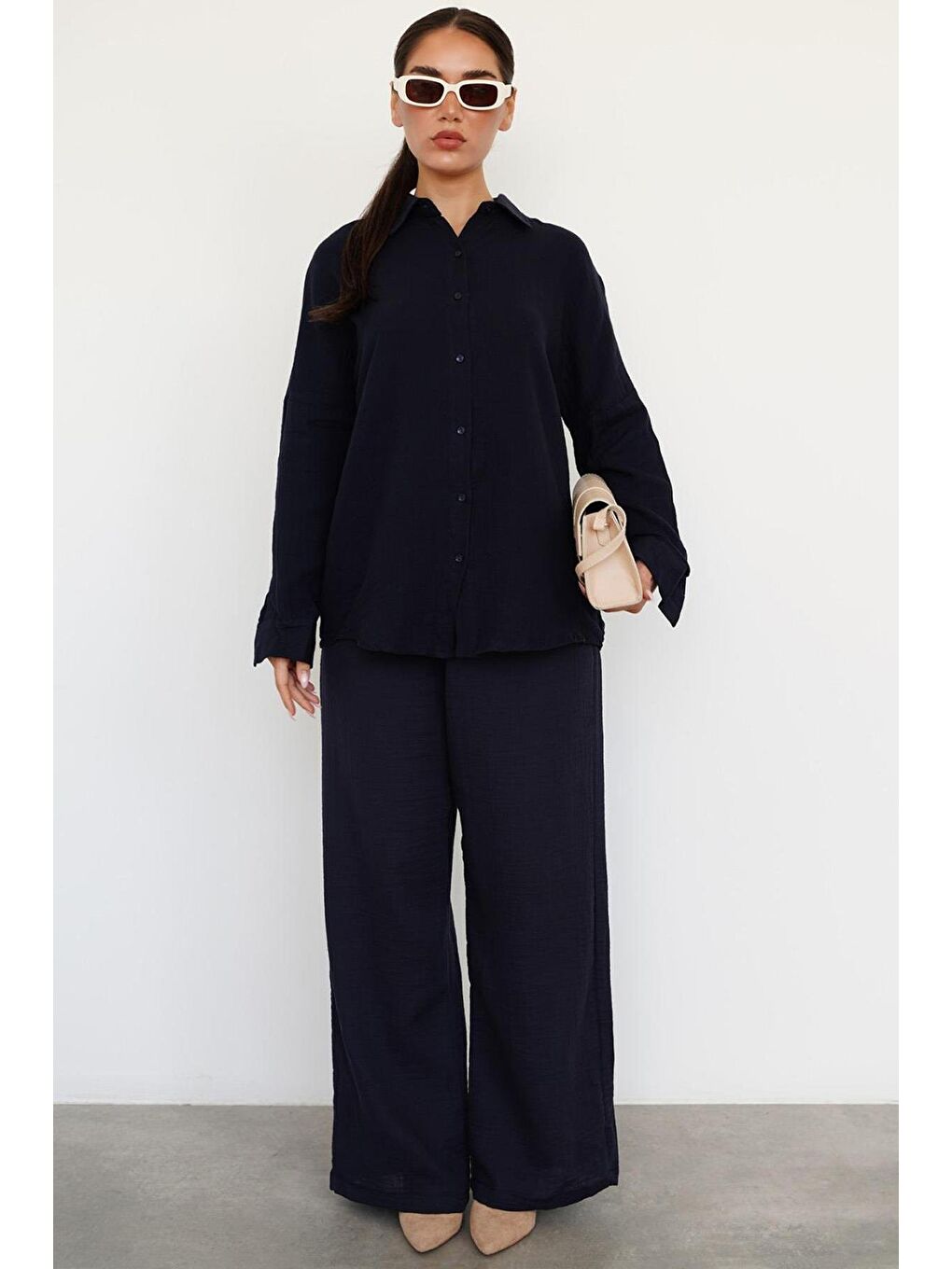 Lacivert Basic Kadın Gömlek Pantolon Takım Mg2461-1