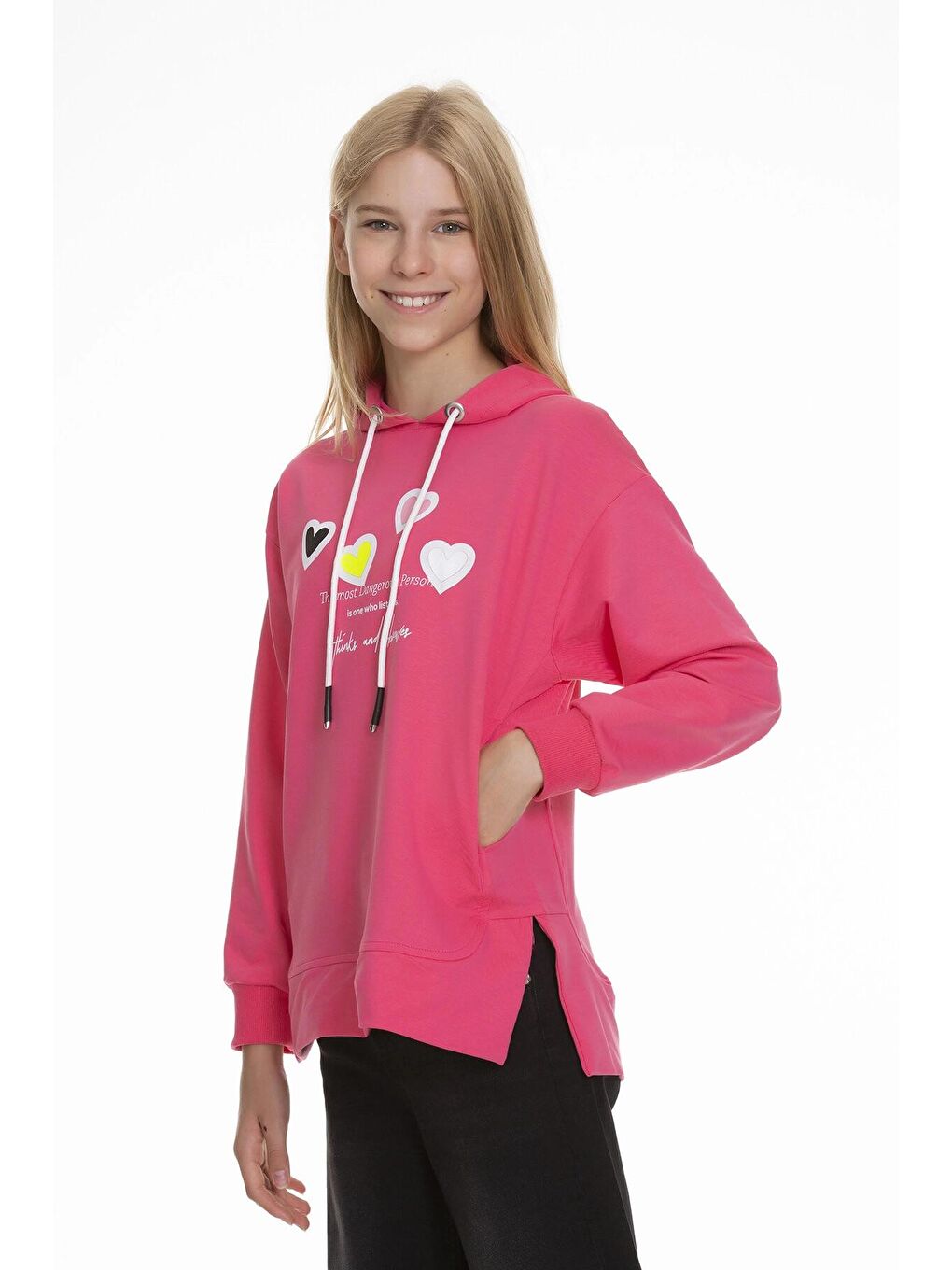 Fuşya Kapüşonlu Kalpli Sweat 161-1