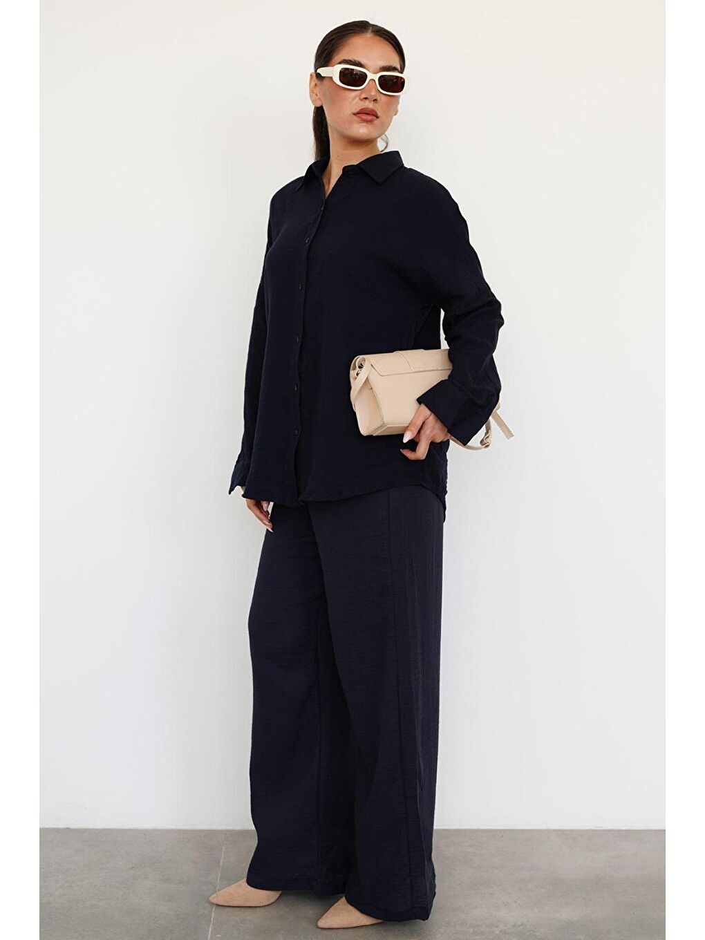 Lacivert Basic Kadın Gömlek Pantolon Takım Mg2461-3