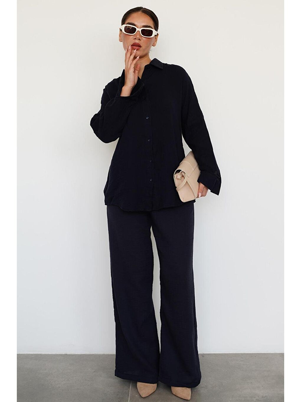 Lacivert Basic Kadın Gömlek Pantolon Takım Mg2461-4