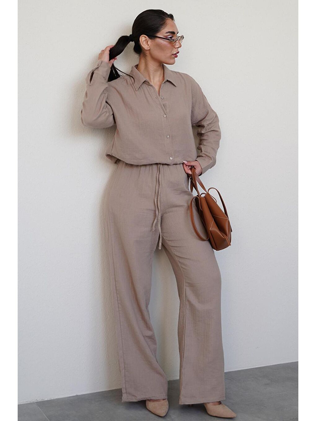 Kahverengi Camel Basic Kadın Gömlek Pantolon Takım Mg2461-1