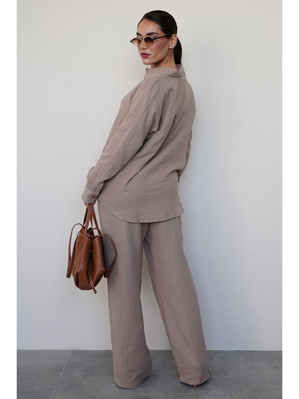 Kahverengi Camel Basic Kadın Gömlek Pantolon Takım Mg2461-2