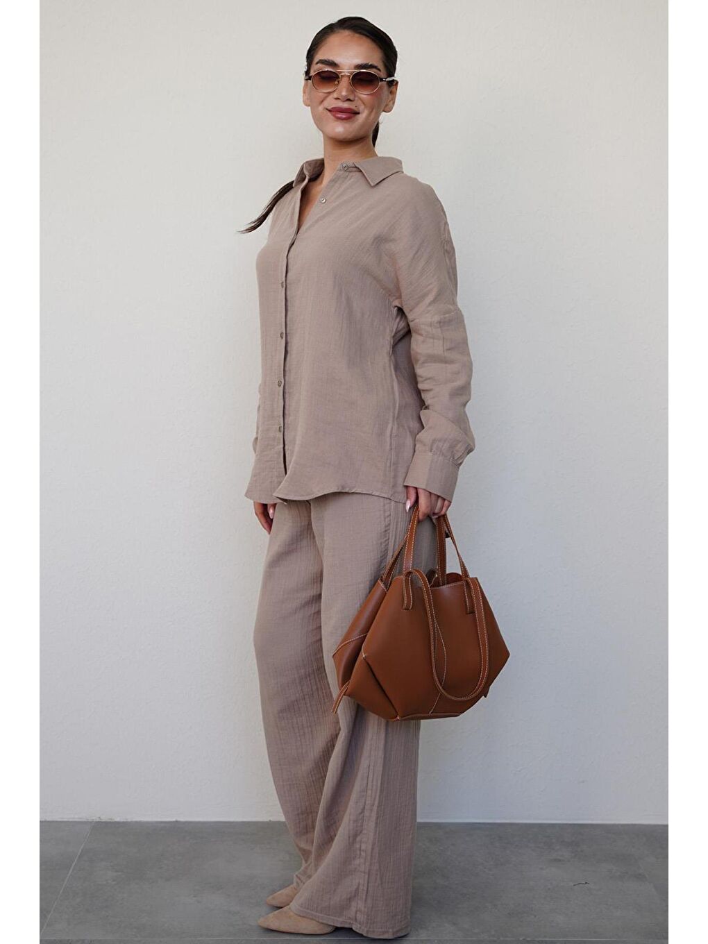 Kahverengi Camel Basic Kadın Gömlek Pantolon Takım Mg2461-3
