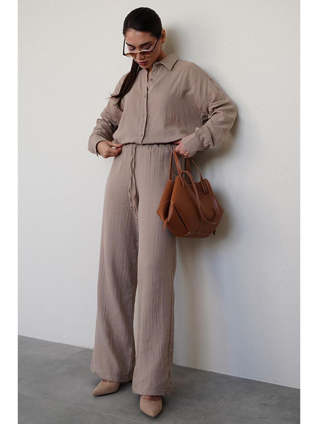 Kahverengi Camel Basic Kadın Gömlek Pantolon Takım Mg2461-4
