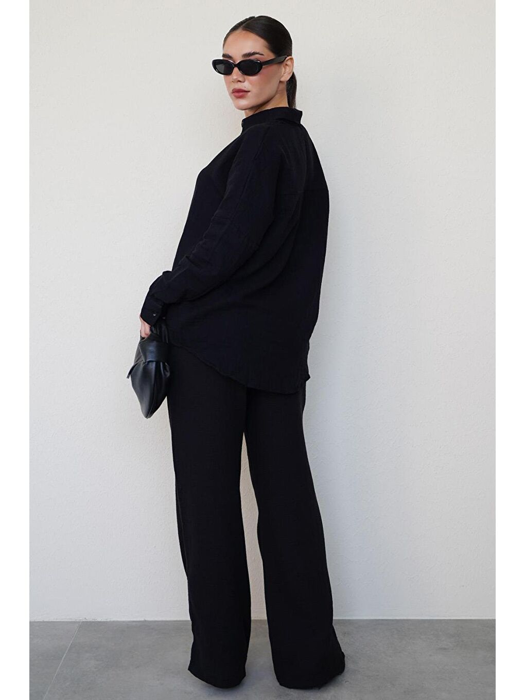 Siyah Basic Kadın Gömlek Pantolon Takım Mg2461-1